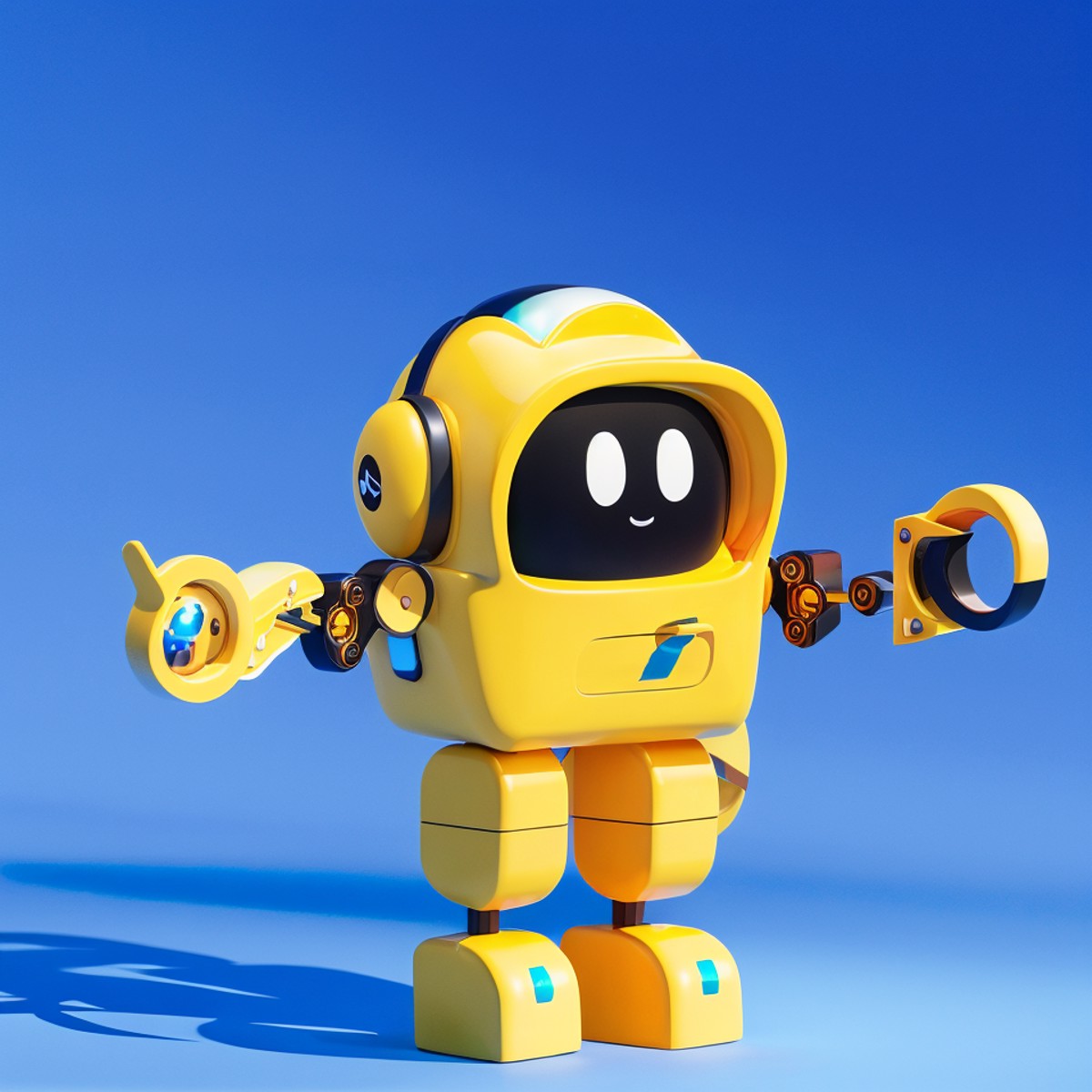 yellow robot, blue background, humanoid robot, standing, solo, water, no humans, blue eyes, holding, full body, standing, ...